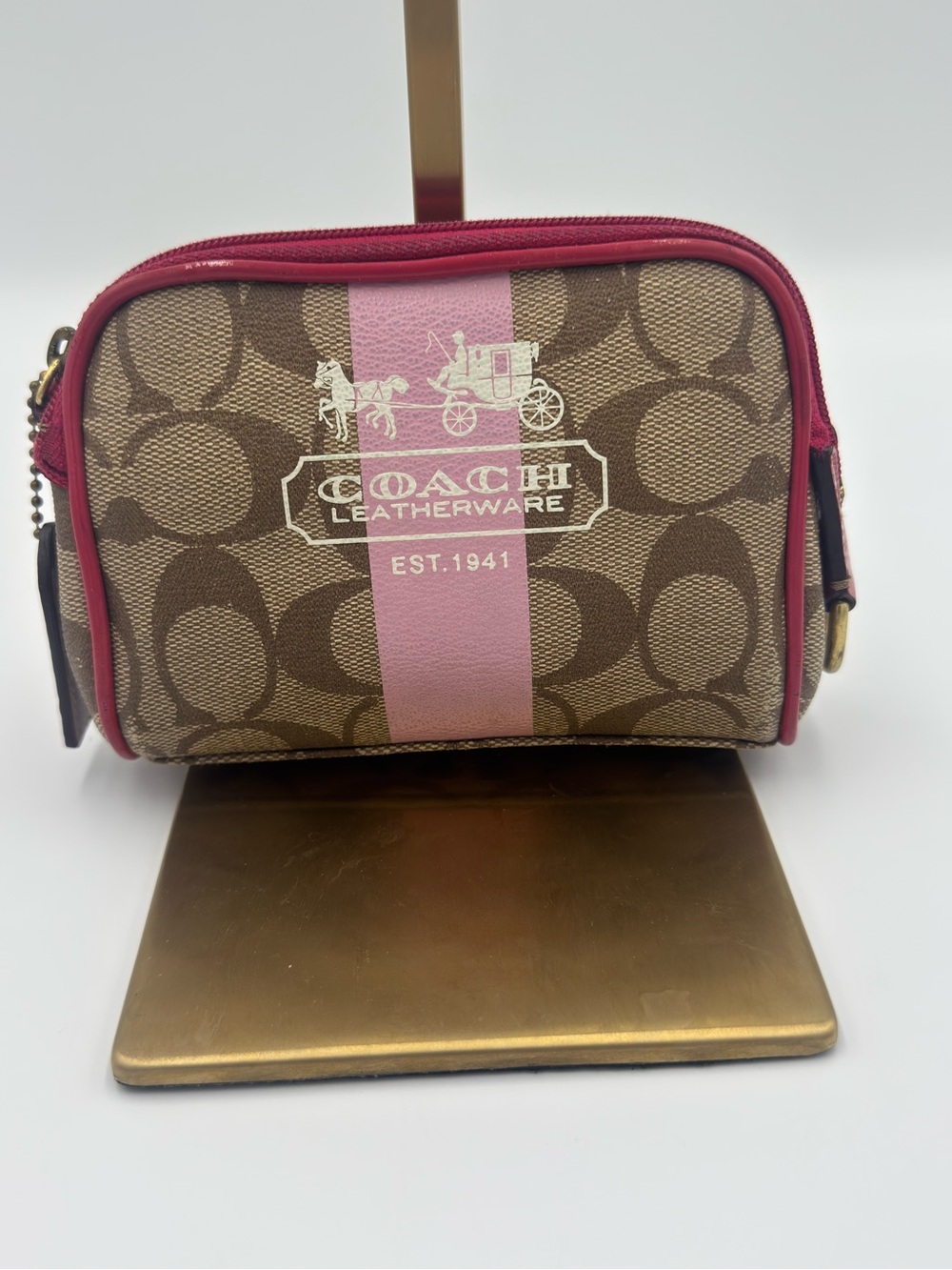 Coach Pink Stripe Signature Canvas Cosmetic Pouch w/ Tattersall Interior